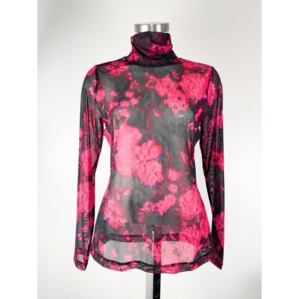 White House Black Market Pink Black LS Mesh Turtleneck Size Small Sheer - Picture 2 of 8